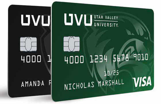 A dark black and a dark green Utah Valley University Alumni Credit Card with lighter UVU Wolverine logo