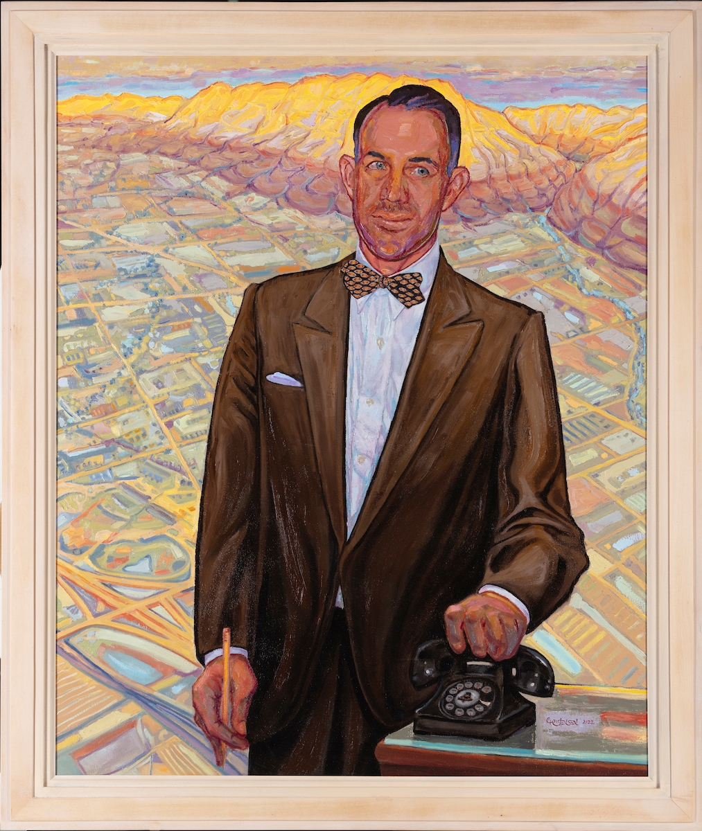 Portrait of Wilson W. Sorenson, painted by Kent Christensen. In the portrait Sorensen is depicted as standing at a desk, with his hand on a telephone receiver, with a stylized landscape of Utah valley in the background.