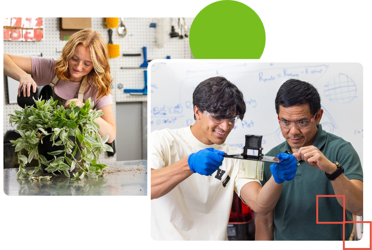 A collage of a student gardening and a student and an instructor with test tubes