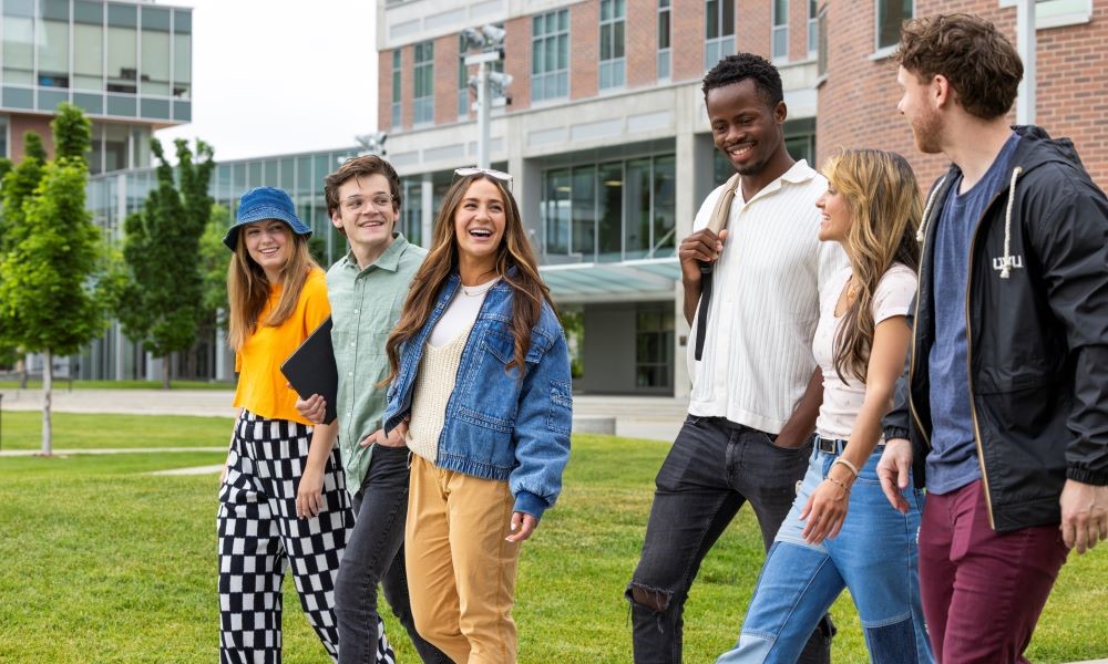 students walking around campus