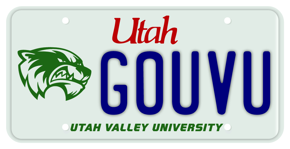 UVU license plate with the green mascot (wolverine) next to the words Go UVU