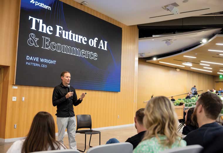 Dave Wright, Pattern CEO, speaks on a stage to an audience during the Silicon Slopes Artificial Intelligence Summit in June 2023. 