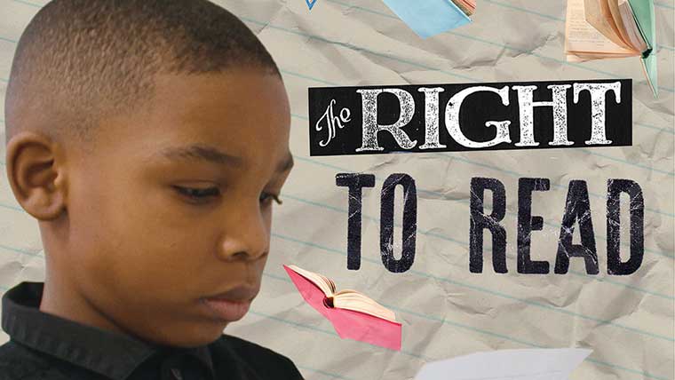 Still from UVU professor Jenny Mackenzie’s documentary “The Right to Read,” showing a young boy and images of books. 