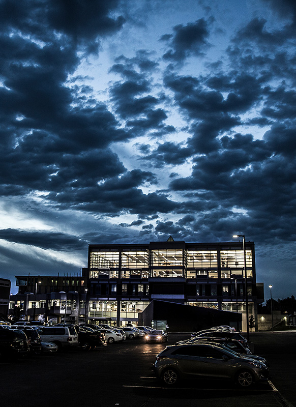 Library building at night