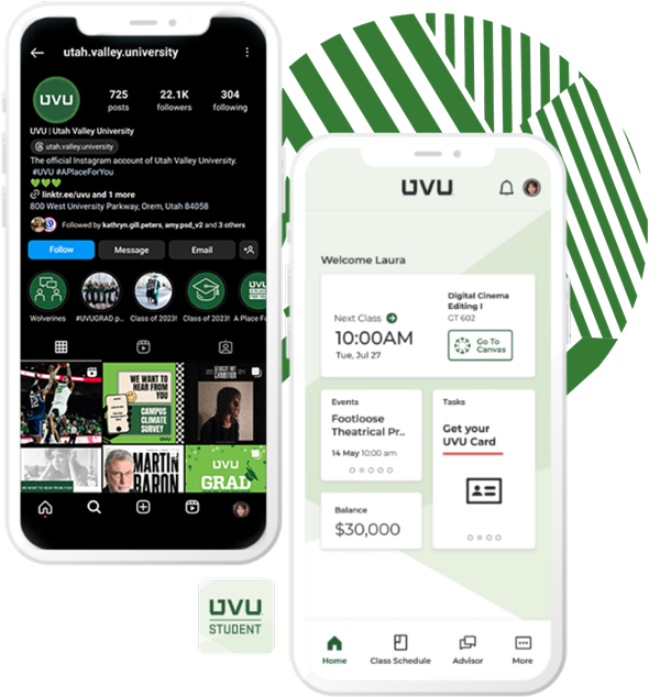 mobile phones showing the UVU instagram account and student app