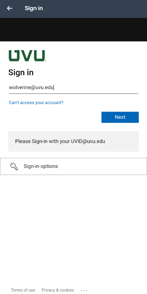 Sign in to your UVU account