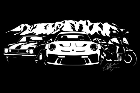 Illustration of a Chevrolet Camaro, Porche GT3RS, and Honda CB1000 Hornet SP in front of Mt. Timpanogos