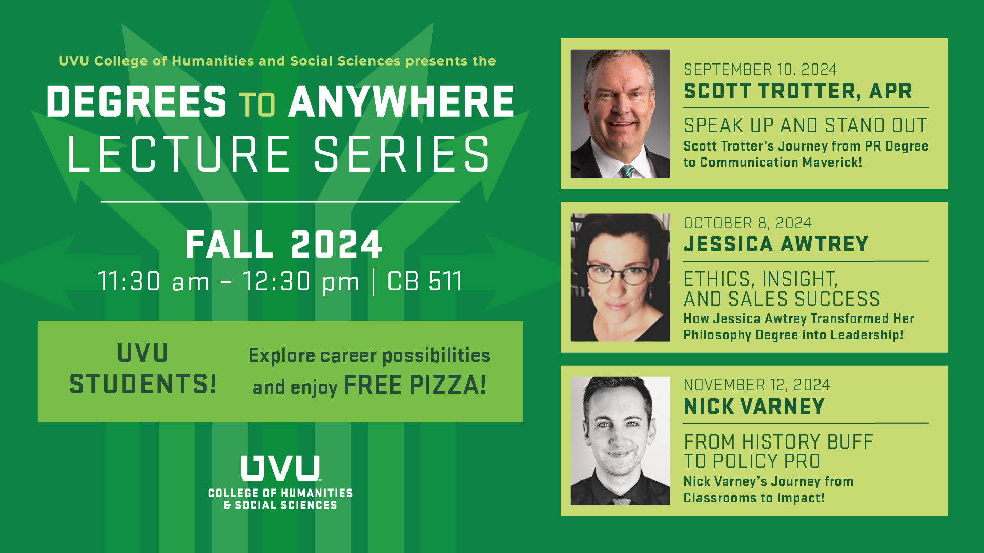 Upcoming Fall 2024 speakers presenting at 11:30am-12:30pm in CB511: Scott Trotter on September 10th, Jessica Awtrey on October 8th, and Nick Varney on November 12th.