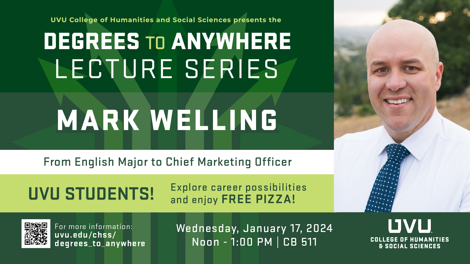Degrees to Anywhere speaker Mark Welling, presenting on January 17, 2024 at 12pm-1pm in CB510/511