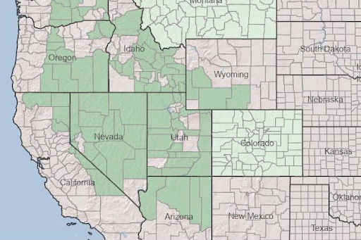 County level range map of Eriogonum microthecum (at species level) [12].