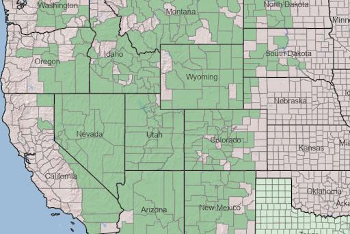 Distribution map Oenothera caespitosa at a county level. Note that the light green in the map indicates that this plant is native to Texas, but was lacking county data [13].