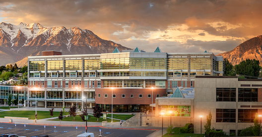 Utah Valley University Fulton Library at dusk