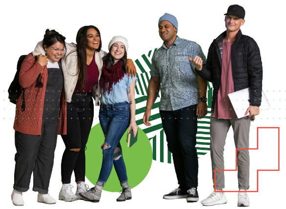 Five students against a white background with multi-color graphic elements as embellishment.