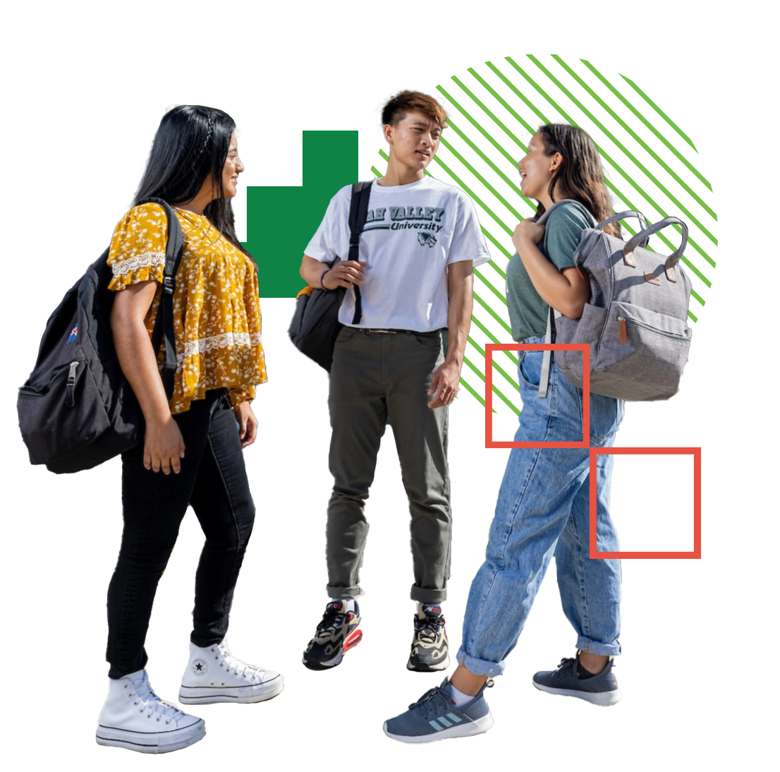 Three students standing in a group. The image is embellished with colorful graphic elements.
