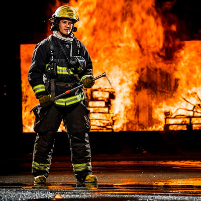 Firefighter infront of a fire