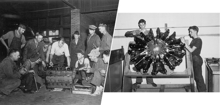 Historic image of Central Utah Vocational School students working on automotives