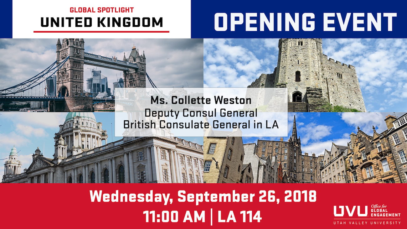 Opening Event Banner for UK. Image of Tower Bridge in London. Text on banner says: Opening Event. Wednesday, September 26, 2018. 12:00 PM, CGIE Conf. Room