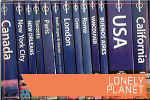 Lonely Planet. Image row of books on different countries