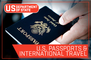 US State Department - U.S. Passports and International Travel. Image of someone holding a passport