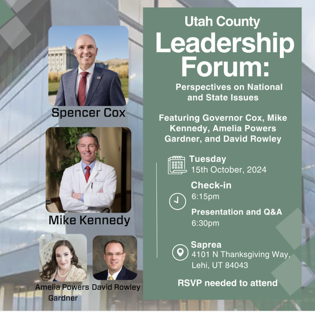 Flyer for Utah County Leadership Forum featuring images of Governor Cox and Mike Kennedy.