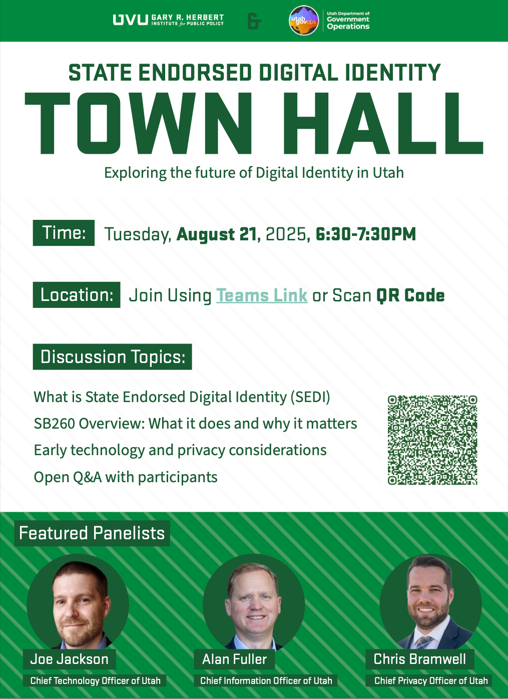 SEDI Town Hall 8/21/2025 State-endorsed Digital Identity Town Hall Flyer with Joe Jackson, Alan Fuller, and Chris Bramwell