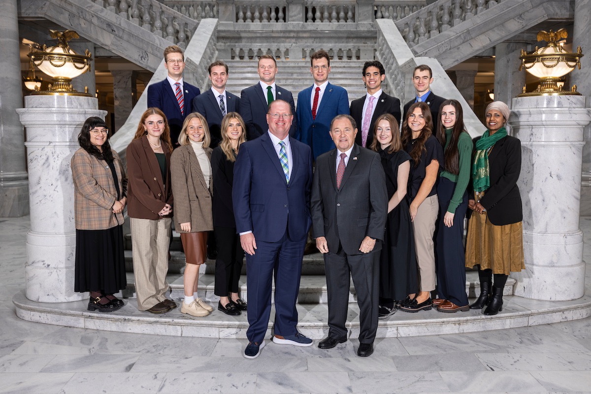 Photo of the Interns at the Utah State Capital with Justin Jones and Gary Herbert