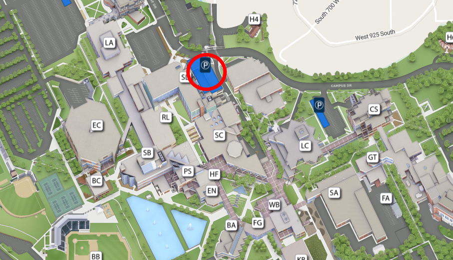 map of the UVU campus with the parking garage building circled