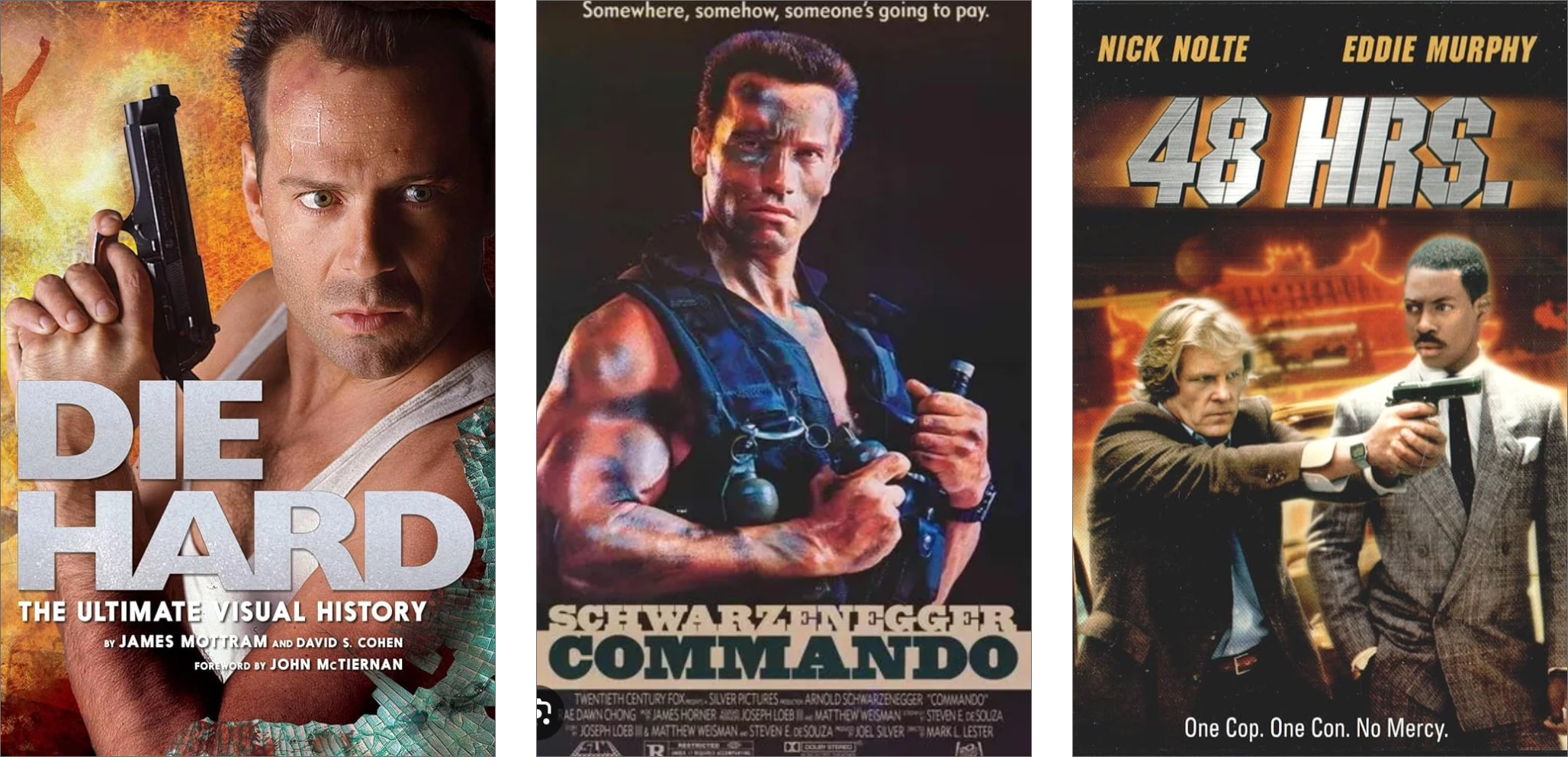 movie posters of Die Hard, Commando, and 48 hours