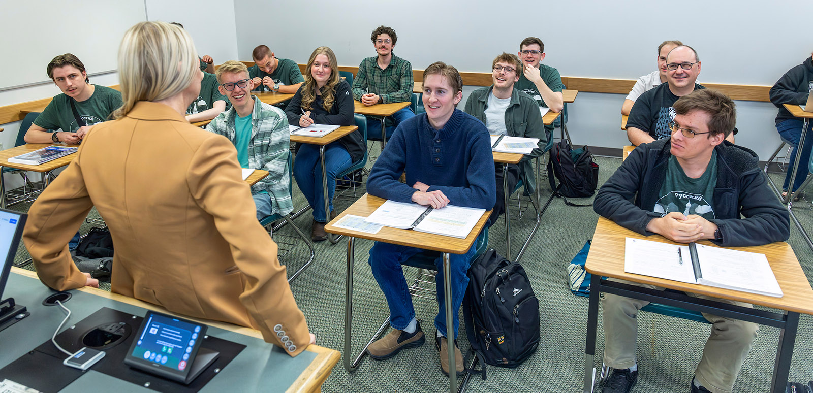 Russian Studies professor Olga Jarrell facing the class while lecturing