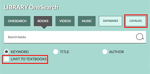 search box with catalog button and check box for "limit to textbooks" 