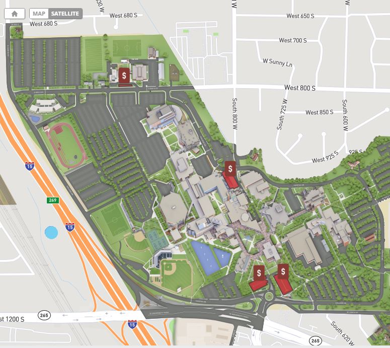 Map of UVU Main Campus with parking locations highlighted
