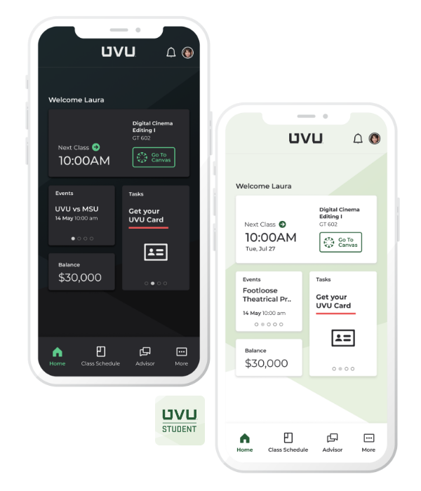showing dark and light mode of uvu mobile app on phones