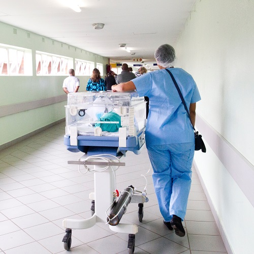 Nurse moving a baby in an incubator