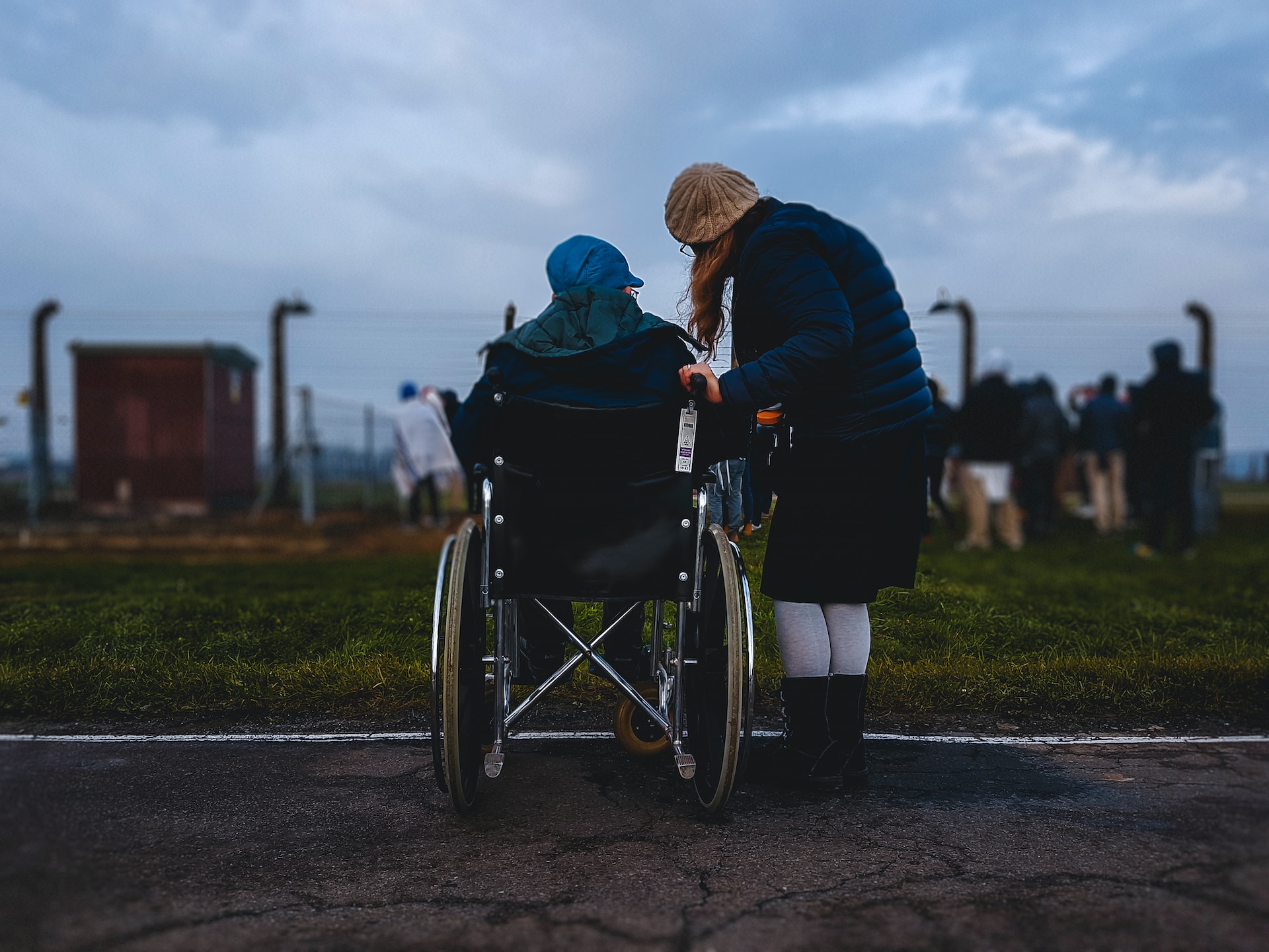 person in a wheelchair and their helper overlooking a field 