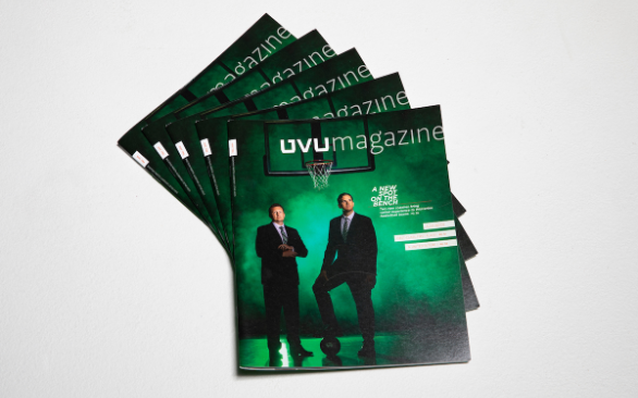 Stack of UVU Magazine issues.