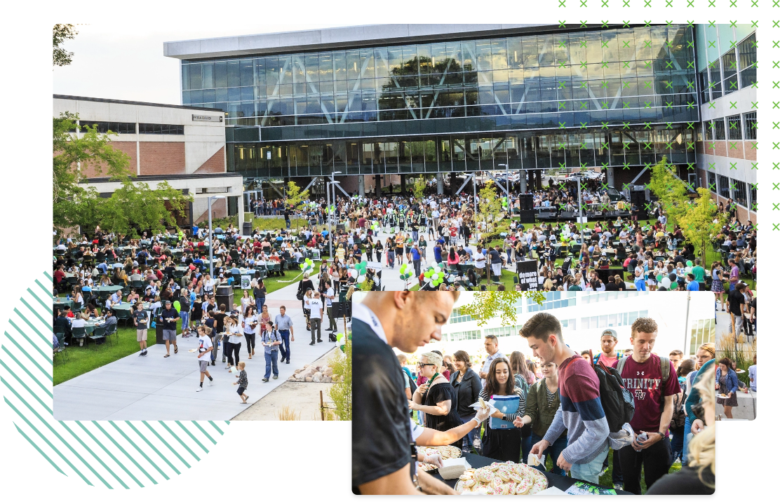 picture of many students in the quad overlayed with a few close up