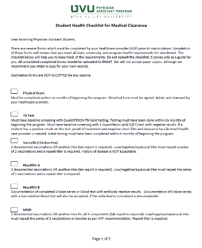 Student Health Checklist for Medical Clearance pg 1