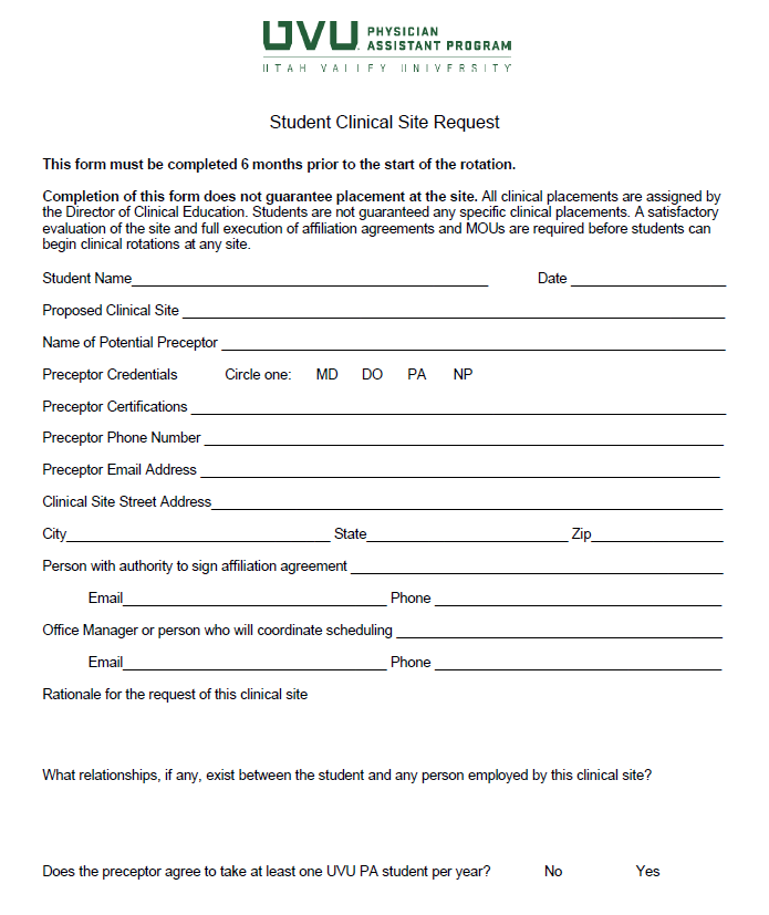 Student Clinical Site Request form