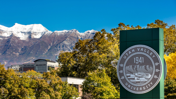 UVU seal and campus scenic