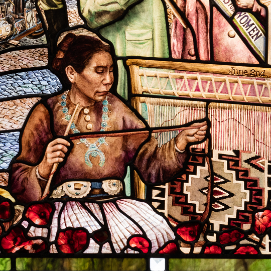 Roots of Knowledge panel depicting a native american woman.