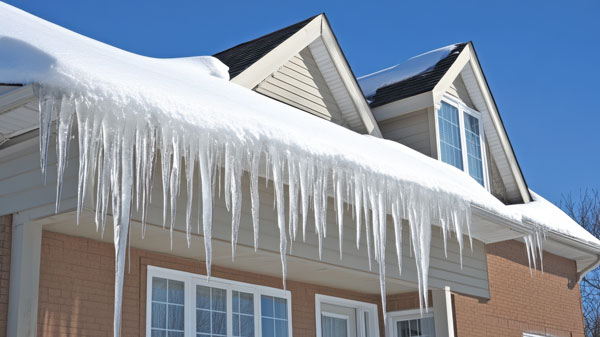 A zoomed in view of icicles on a roof