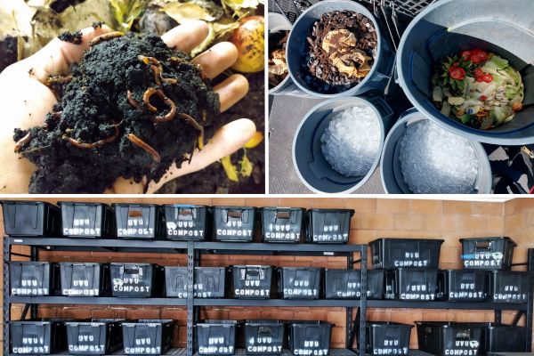 handful of soil and worms, tubs of ice and food scraps, shelves of storage bins used in composting