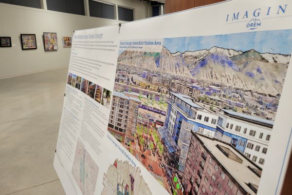 Presentation graphic showing a potential redesign of the area around Orem Central Station and UVU