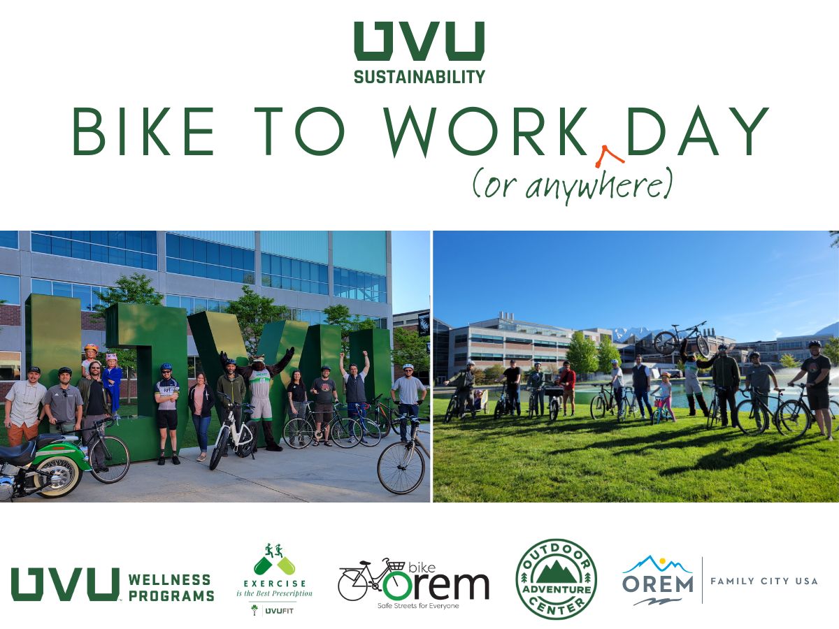 Group of people and bikes at both the large UVU in the Student Life and Wellness Center Plaza and in front of the UVU ponds