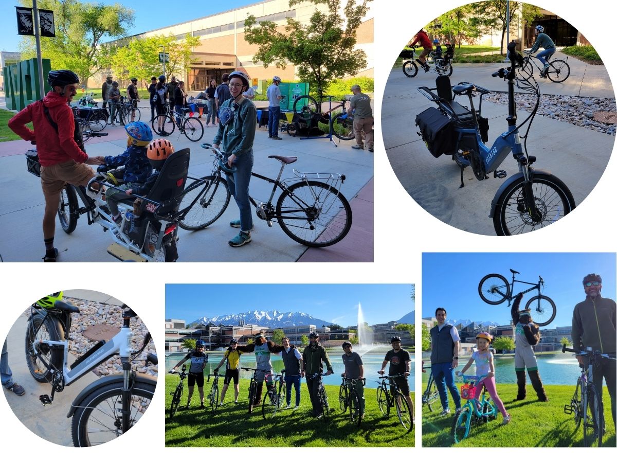 Bicyclists visiting with each other and enjoying a group ride around campus