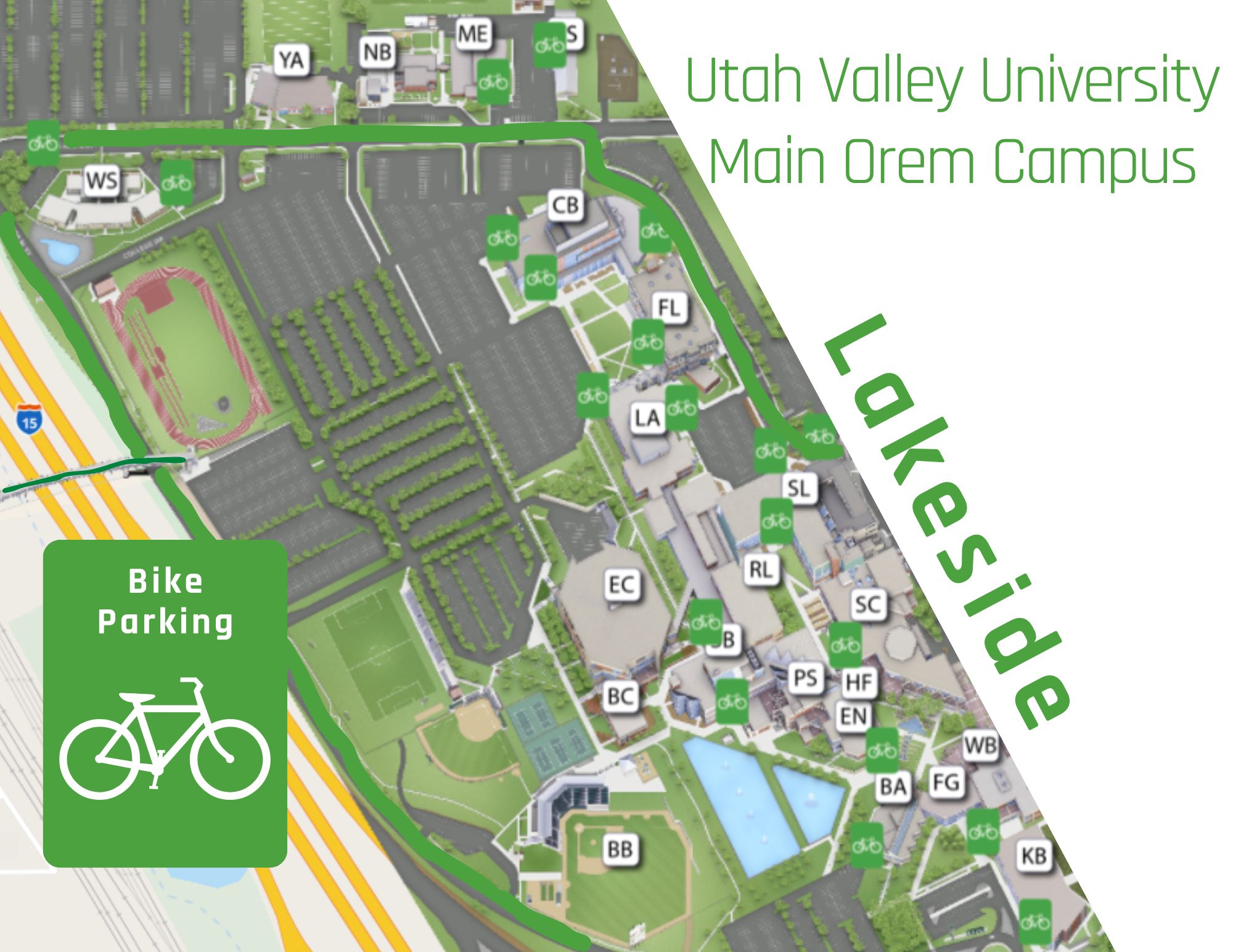 Bike rack locations at UVU Orem campus, lakeside