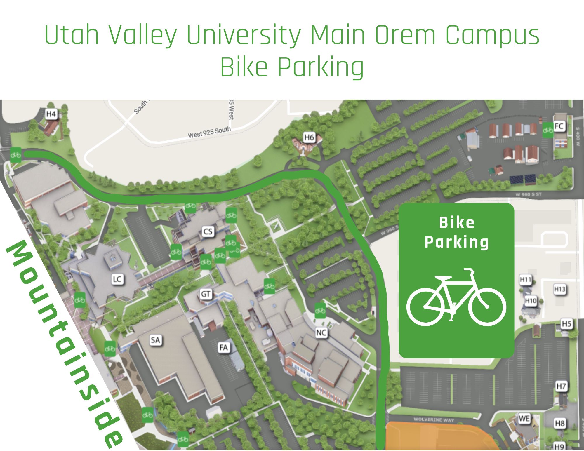 Bike rack locations at UVU Orem campus, mountainside