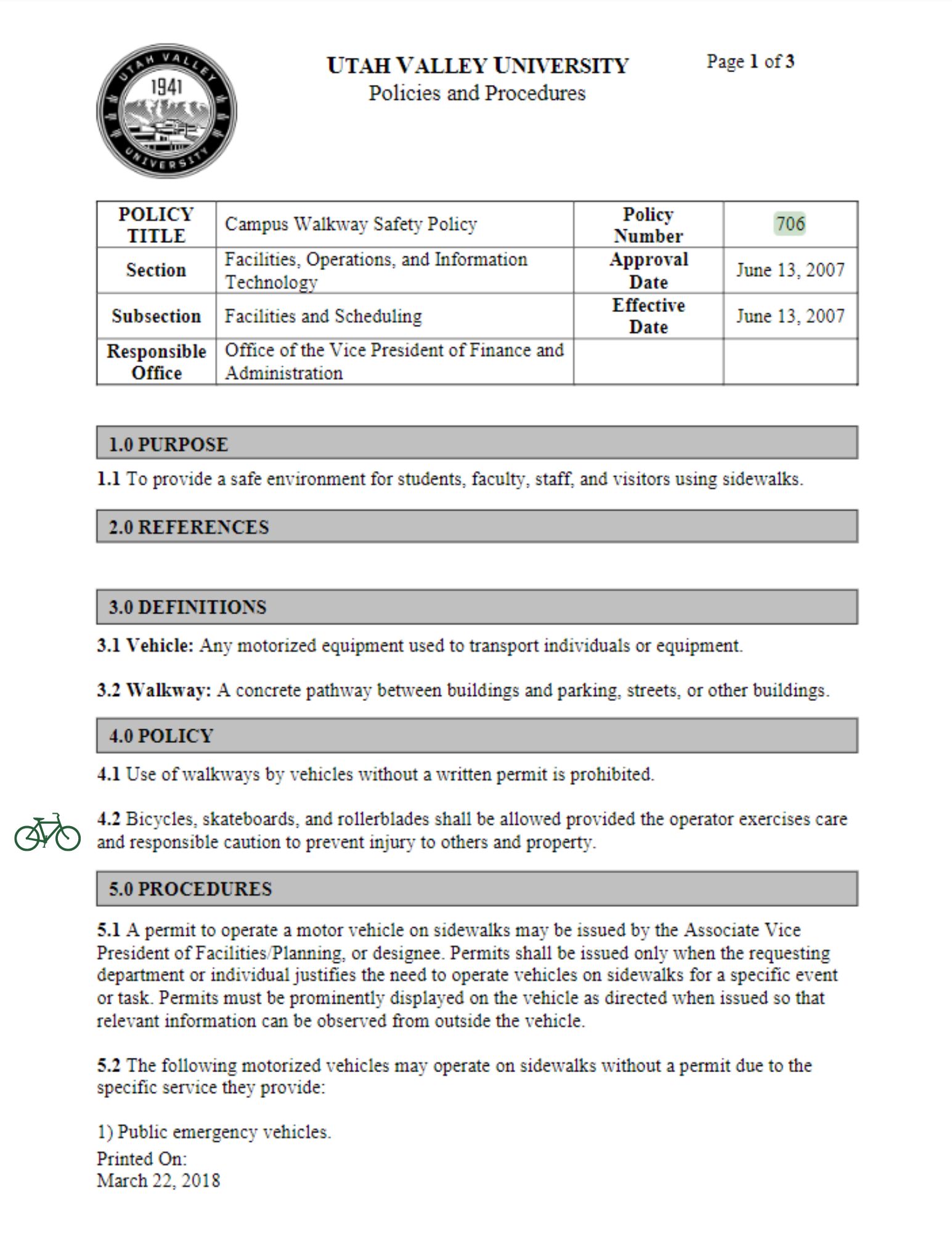UVU Campus Walkway Safety Policy page one
