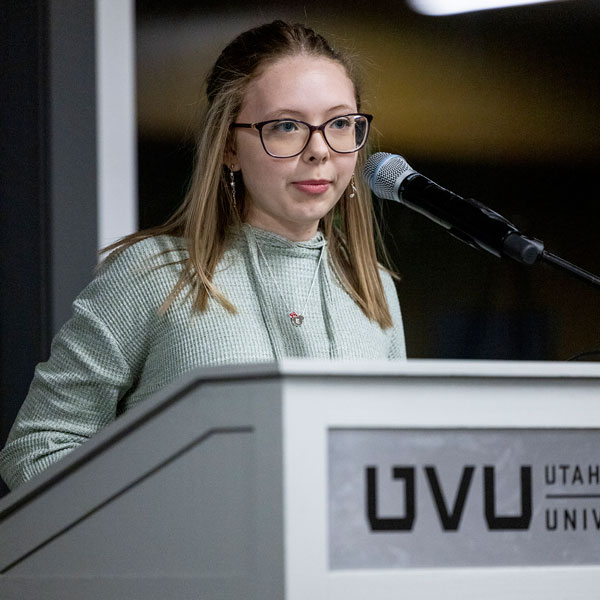 UVU Student speaking at a podium