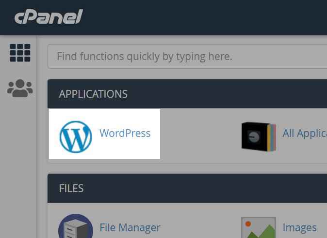 Screen capture of cPanel with WordPress icon highlighted.
